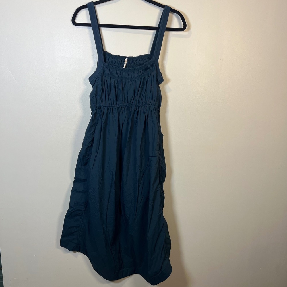 Daily Practice Anthropologie Womens Smocked Cargo Utility Midi Dress Navy Blue M